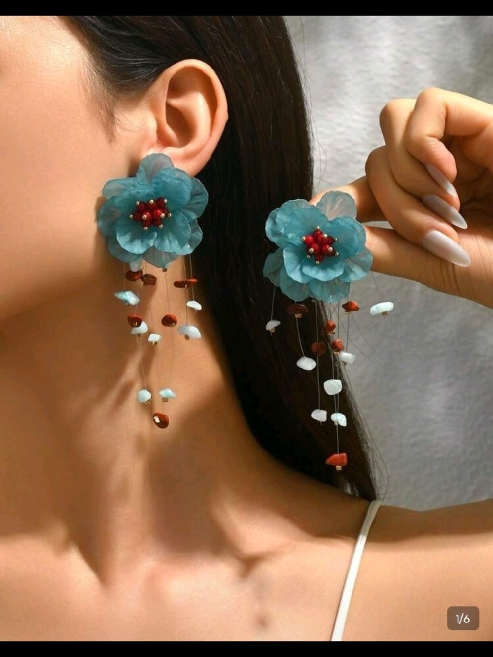 Blue Floral Drop Earrings with Red Bead Center - Women Jewelry